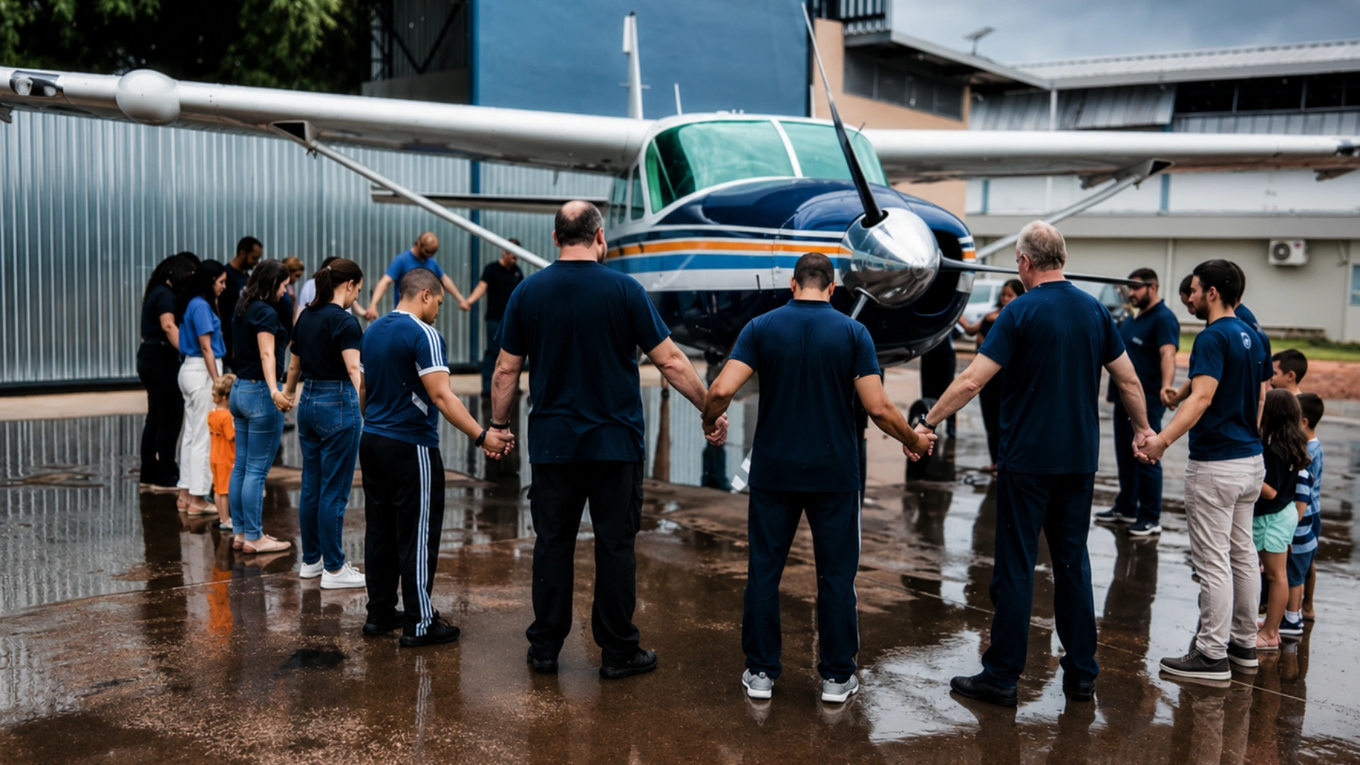 Equipe da Missão do Céu em oração ao lado da aeronave