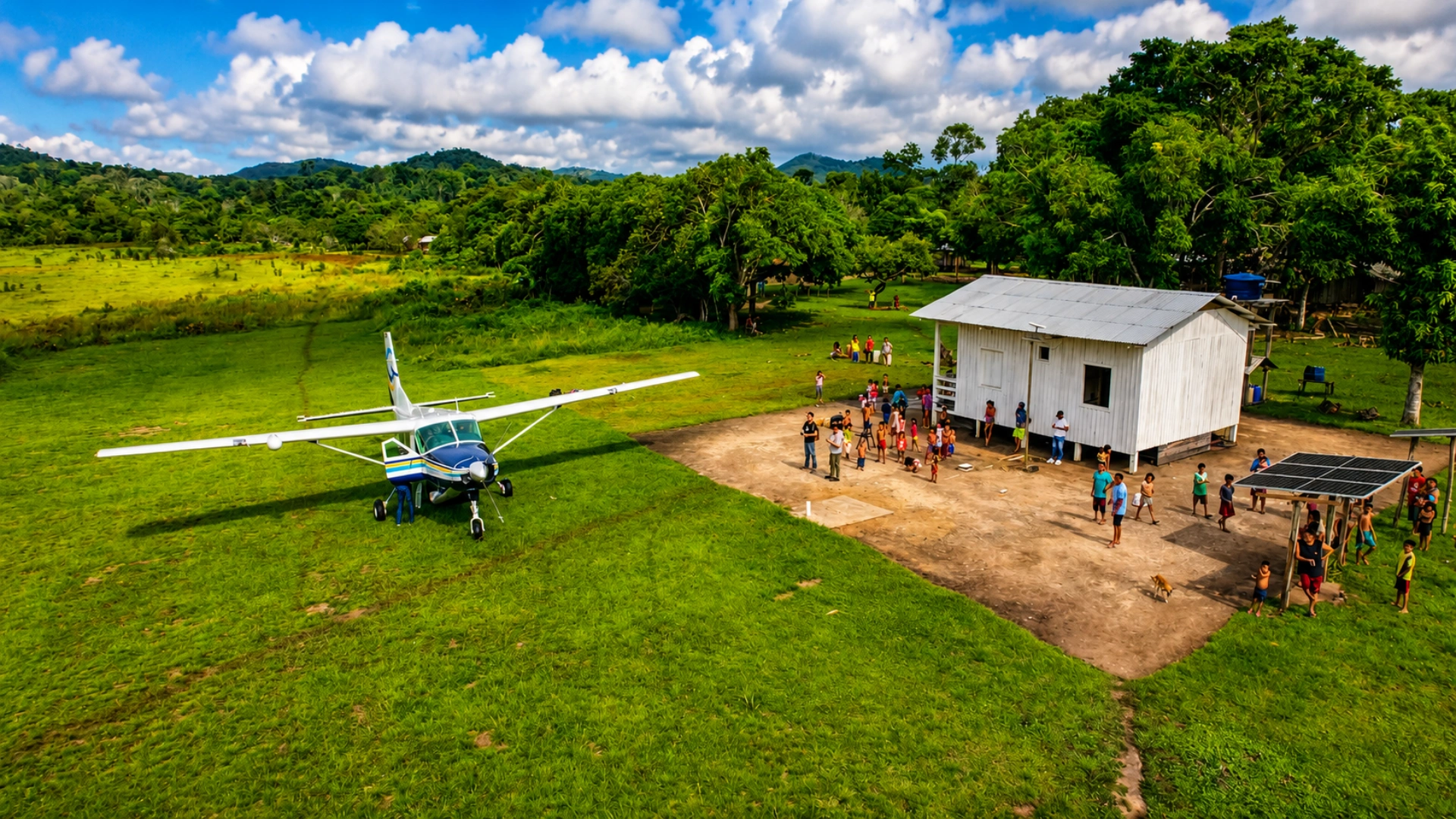 Vista aérea de aeronave da Missão do Céu sobre rio e comunidade na Amazônia